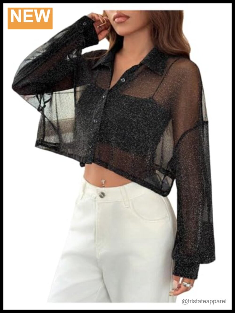 Women's Sheer Mesh Button Down Long Sleeve Crop Top Shirt Sparkly